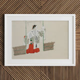 Masked Man - Kamisaka Sekka Meiji Kabuki Art Print / Canvas White-framed Artwork Woman Traditional Attire Red White Robes, Meiji-era