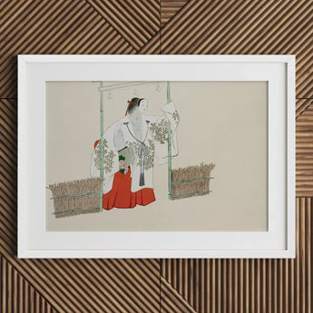 Masked Man - Kamisaka Sekka Meiji Kabuki Art Print / Canvas White-framed Artwork Woman Traditional Attire Red White Robes, Meiji-era