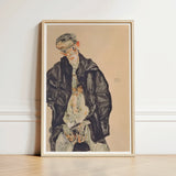 Masturbation - Egon Schiele Art Print / Canvas Framed Stylized Portrait Man Dark Clothing Positions, Pale Flesh Unraveling, Schiele’s Hand