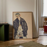 Masturbation - Egon Schiele Art Print / Canvas Framed Portrait Painting Man Dark Jacket Expressive Brushstrokes Positions, Pale Flesh