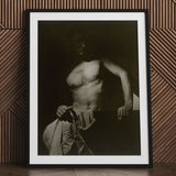 Max After Surfing - Olive Cotton Art Print / Canvas Black White Framed Shirtless Man Unusual Revealing Taut Muscle, Elemental Contrasts,
