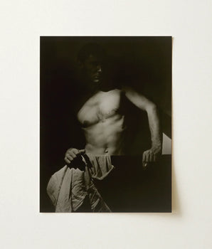 Black-and-white Photographic Print Muscular Man Shadowy Lighting Fabric Revealing Taut Muscle, Elemental Contrasts, Shoulder Arcs
