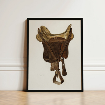 Mclellan Saddle - Walter Praefke Equestrian Art Print / Canvas Framed Vintage-style Illustration Brown Leather Brass Hardware, 1930s Prints