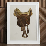Mclellan Saddle - Walter Praefke Equestrian Art Print / Canvas Detailed Illustration Vintage-style Dark Brown Leather Straps, 1930s Prints