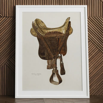 Mclellan Saddle - Walter Praefke Equestrian Art Print / Canvas Detailed Illustration Vintage-style Dark Brown Leather Straps, 1930s Prints