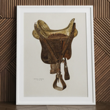 Mclellan Saddle - Walter Praefke Equestrian Art Print / Canvas Detailed Illustration Vintage-style Saddle Dark Brown Leather Straps Walter