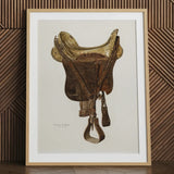 Mclellan Saddle - Walter Praefke Equestrian Art Print / Canvas Detailed Vintage-style Illustration Brown Leather Saddle Gold-toned Metal