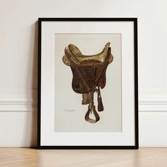 Mclellan Saddle - Walter Praefke Equestrian Art Print / Canvas Framed Illustration Vintage Brown Leather Saddle Gold-toned Metal Walter