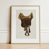 Mclellan Saddle - Walter Praefke Equestrian Art Print / Canvas Framed Vintage-style Illustration Brown Leather Gold-toned Accents, 1930s