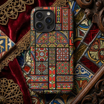 Medieval Stained Glass Windows - Auguste Racinet Phone Case Vibrant Ornate Phone Case Mosaic-inspired Design Reds Golds Medieval Stained
