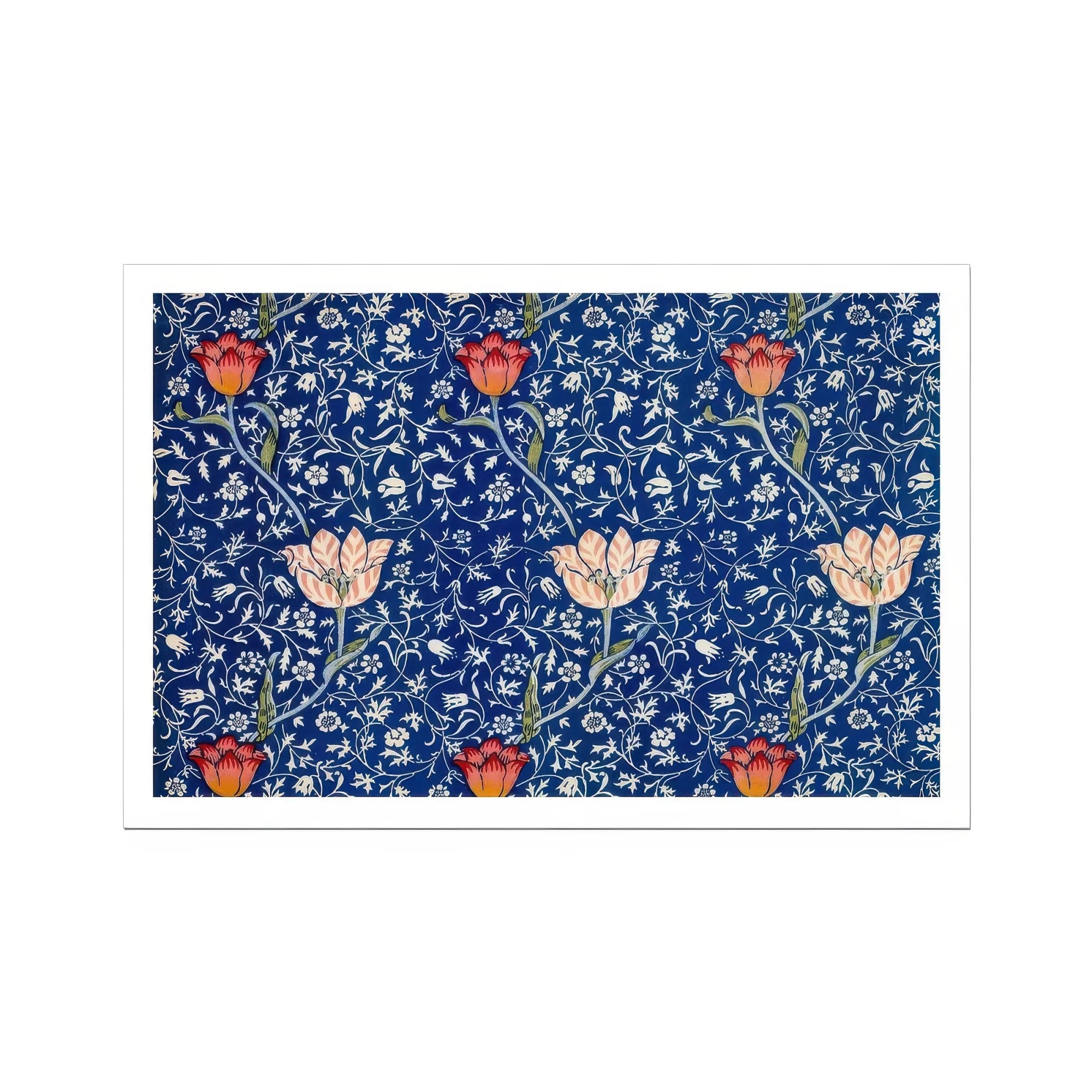 Medway William Morris Victorian Floral Art Print, Floral Pattern White Red Tulips Navy Blue Background