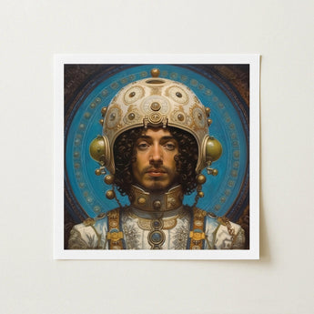 Mehdi - Gay Arabic Astronaut Art Print / Canvas Framed Portrait Man Ornate Gold-embellished Helmet Circular Patterns Muslim, Aesthetic,