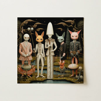 Surreal Artwork Five Stylized Humanoid Figures Animalistic Features Creepy Cute, Art Print, Alien, Troupe, Merry Macabre