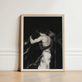 Black-and-white Framed Art Print Muscular Figure Embrace Encased Interracial Gay Erotica, Three Bodies Chained