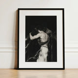 Middleman - Interracial Gay Erotica Art Print / Canvas Black-framed Monochrome Depiction Muscular Figures Embrace, Three Bodies Chained,