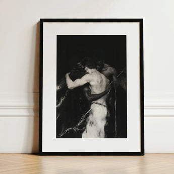 Middleman - Interracial Gay Erotica Art Print / Canvas Black-framed Monochrome Depiction Muscular Figures Embrace, Three Bodies Chained,