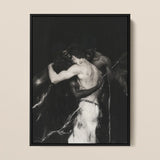 Middleman - Interracial Gay Erotica Art Print / Canvas Black-framed Black-and-white Artwork Two Muscular Figures Embrace, Three Bodies