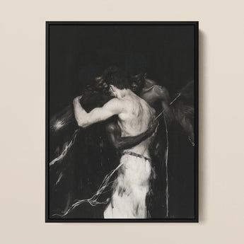 Middleman - Interracial Gay Erotica Art Print / Canvas Black-framed Black-and-white Artwork Two Muscular Figures Embrace, Three Bodies