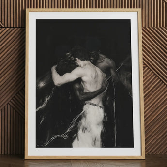 Middleman - Interracial Gay Erotica Art Print / Canvas Black-and-white Framed Artwork Two Muscular Figures Embrace Encased, Three Bodies