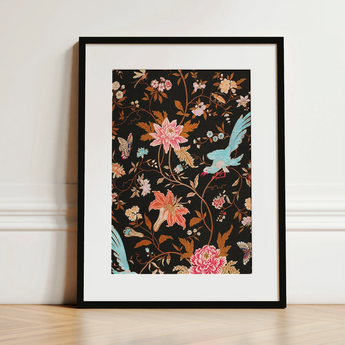 Midnight Call - 19th c Flora & Fauna Fabric Art Print / Canvas, 12x16’’ / 31x41cm / Black Frame / Matboard, Posters Prints Visual Artwork,