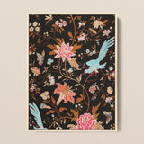 Midnight Call - 19th c Flora & Fauna Fabric Art Print / Canvas, 12x16’’ / 31x41cm / Natural Frame, Posters Prints Visual Artwork, Toby Leon