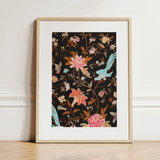 Midnight Call - 19th c Flora & Fauna Fabric Art Print / Canvas, 12x16’’ / 31x41cm / Natural Frame / Matboard, Posters Prints Visual