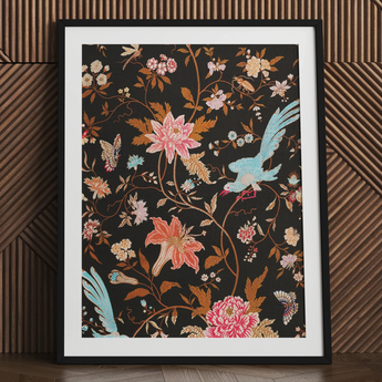 Midnight Call - 19th c Flora & Fauna Fabric Art Print / Canvas, 24x32’’ / 61x81cm / Black Frame / Matboard, Posters Prints Visual Artwork,