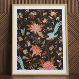 Midnight Call - 19th c Flora & Fauna Fabric Art Print / Canvas, 24x32’’ / 61x81cm / Natural Frame / Matboard, Posters Prints Visual
