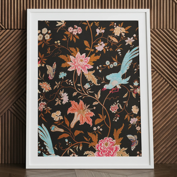 Midnight Call - 19th c Flora & Fauna Fabric Art Print / Canvas, 24x32’’ / 61x81cm / White Frame / Matboard, Posters Prints Visual Artwork,