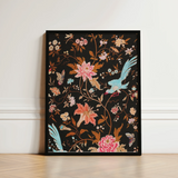 Framed Artwork Vibrant Floral Avian Design Black Background Victorian Propriety, Audacious Burlesque, 19th c Flora