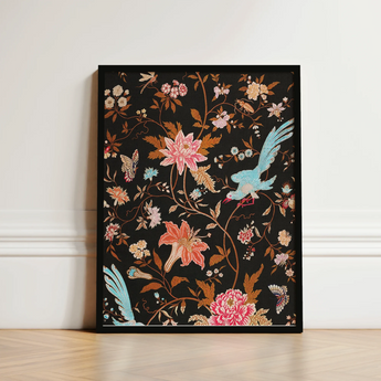 Framed Artwork Vibrant Floral Avian Design Black Background Victorian Propriety, Audacious Burlesque, 19th c Flora