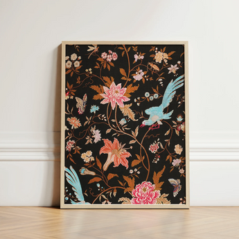Framed Artwork Vibrant Floral Avian Design Black Background Victorian Propriety, Audacious Burlesque, 19th c Flora