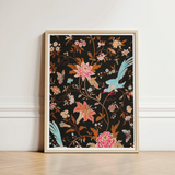 Framed Artwork Vibrant Floral Bird Motif Black Background Victorian Propriety, Audacious Burlesque, 19th c Flora