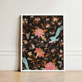Framed Artwork Vibrant Floral Avian Design Black Background Victorian Propriety, Audacious Burlesque, 19th c Flora
