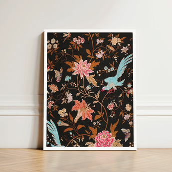 Framed Artwork Vibrant Floral Avian Design Black Background Victorian Propriety, Audacious Burlesque, 19th c Flora