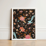 Framed Artwork Vibrant Floral Avian Design Black Background Victorian Propriety, Audacious Burlesque, 19th c Flora