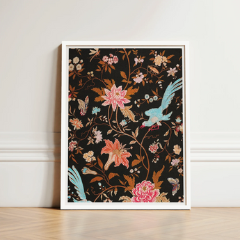 Framed Artwork Vibrant Floral Avian Design Black Background Victorian Propriety, Audacious Burlesque, 19th c Flora