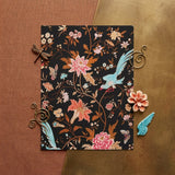 Midnight Call - 19th c Flora & Fauna Fabric Art Print / Canvas Black Floral Notebook Adorned Intricate Pink Peach Turquoise Victorian