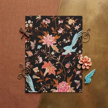 Midnight Call - 19th c Flora & Fauna Fabric Art Print / Canvas Black Floral Notebook Adorned Intricate Pink Peach Turquoise Victorian