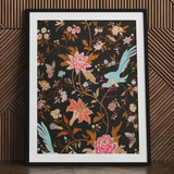 Midnight Call - 19th c Flora & Fauna Fabric Art Print / Canvas Framed Artwork Vibrant Floral Avian Design Dark Background Victorian