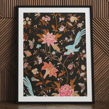 Midnight Call - 19th c Flora & Fauna Fabric Art Print / Canvas Framed Artwork Vibrant Floral Avian Design Dark Background Victorian