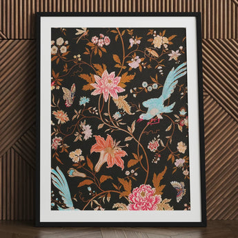 Midnight Call - 19th c Flora & Fauna Fabric Art Print / Canvas Framed Artwork Vibrant Floral Avian Design Dark Background Victorian