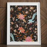 Midnight Call - 19th c Flora & Fauna Fabric Art Print / Canvas Framed Artwork Vibrant Floral Avian Design Dark Background Victorian