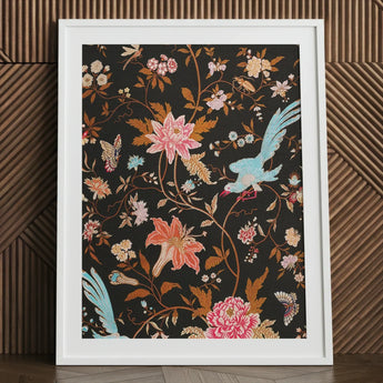Midnight Call - 19th c Flora & Fauna Fabric Art Print / Canvas Framed Artwork Vibrant Floral Avian Design Dark Background Victorian