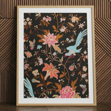 Midnight Call - 19th c Flora & Fauna Fabric Art Print / Canvas Framed Artwork Vibrant Floral Avian Design Dark Background Victorian