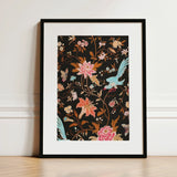 Midnight Call - 19th c Flora & Fauna Fabric Art Print / Canvas Framed Artwork Vibrant Floral Bird Motif Black Background Victorian