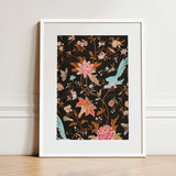 Midnight Call - 19th c Flora & Fauna Fabric Art Print / Canvas Framed Artwork Vibrant Floral Bird Motif Black Background Victorian
