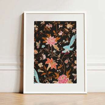 Midnight Call - 19th c Flora & Fauna Fabric Art Print / Canvas Framed Artwork Vibrant Floral Bird Motif Black Background Victorian