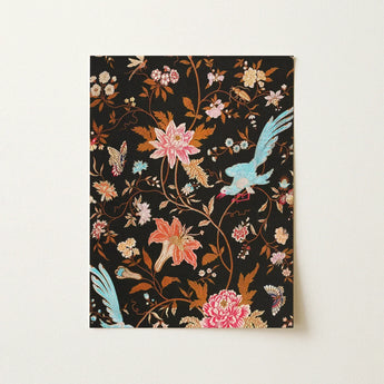 Midnight Call - 19th c Flora & Fauna Fabric Art Print / Canvas Rectangular Vibrant Floral Avian Design Black Victorian Propriety, Audacious