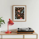 Midnight Call - 19th c Flora & Fauna Fabric Art Print, Record Player Wooden Cabinet Red Desk Lamp Floral